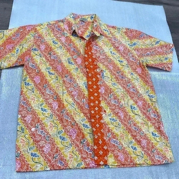 [XL]Popilier  Bali Short Sleeve Orange/Yellow Floral Button Up Shirt - Picture 1 of 9
